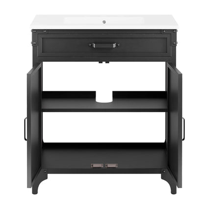 Bathroom vanity cabinet with white top, 30" wide, featuring a single centered drawer and two side doors revealing shelves; sink basin not included.