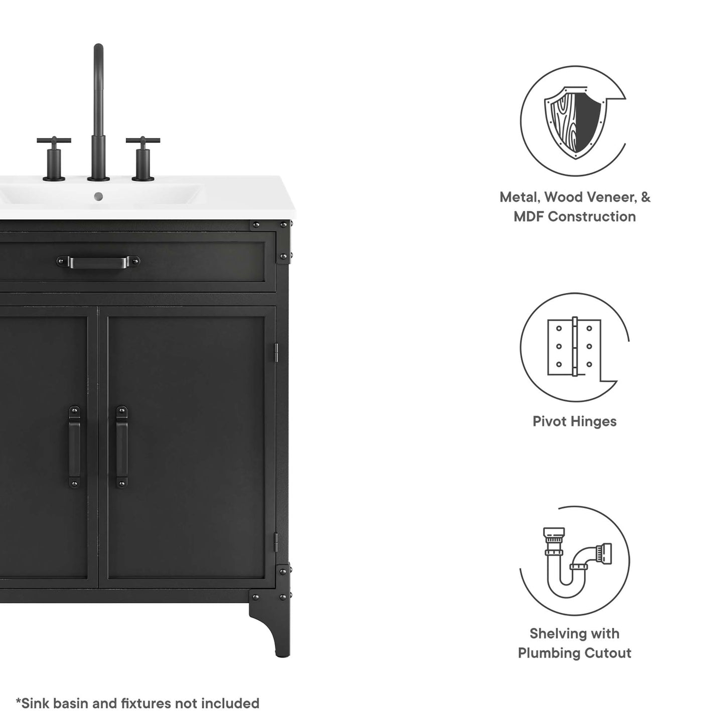 Black bathroom vanity with white countertop and integrated sink, dual-door cabinet, black hardware, tall arched faucet.