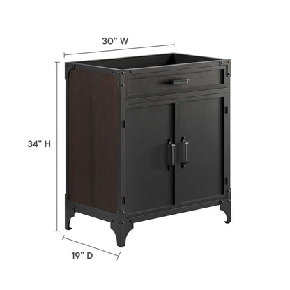 Bathroom vanity cabinet with walnut wood side panels, top drawer and two doors, 30W x 34H x 19D.