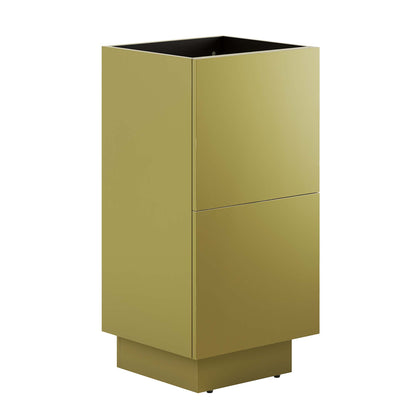 Gold metal bathroom vanity cabinet with two flush-front drawers, open top and pedestal base; modern minimalist storage.
