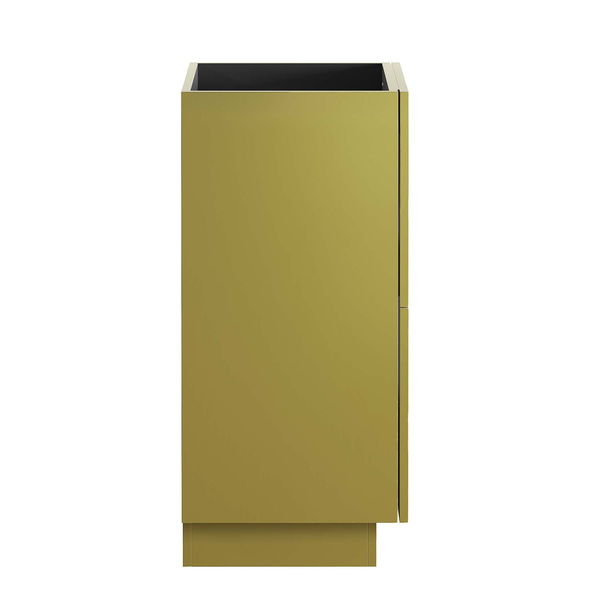 Gold bathroom vanity cabinet, slim rectangular design; 18" wide, sink basin not included.