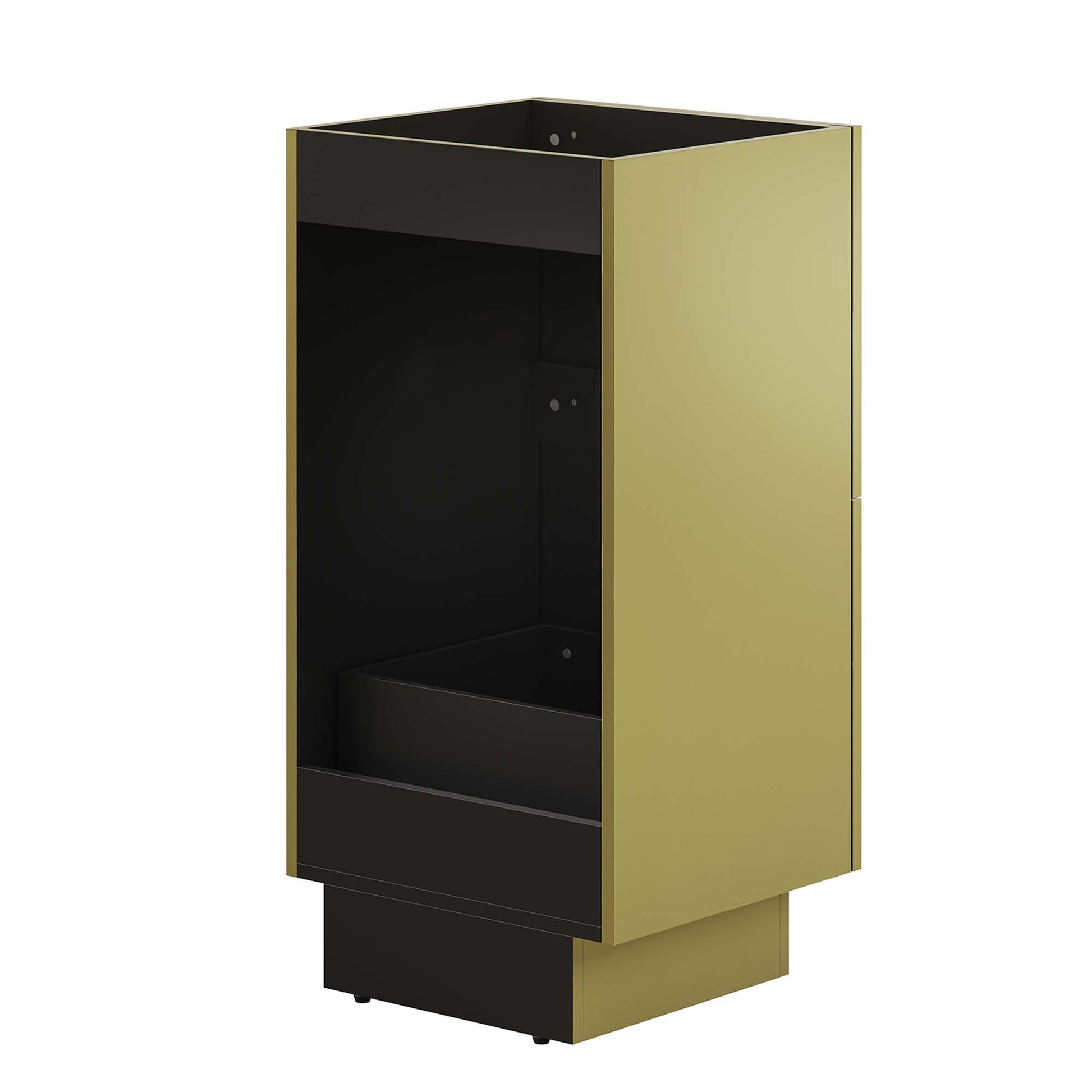 Gold finish cabinet with black interior, open storage cavity and bottom pull-out drawer.