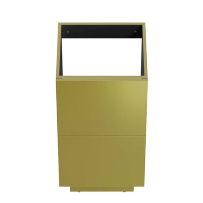 Gold metal freestanding bathroom vanity cabinet with an open square top frame and a two-panel front.