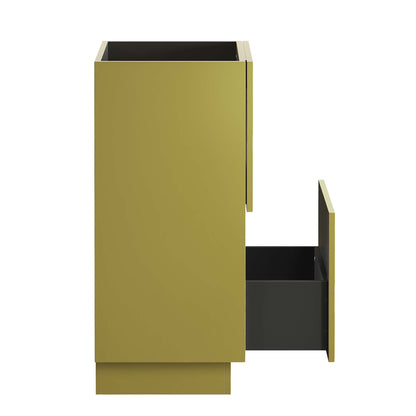 Tall gold cabinet with black interior and a side black pull-out drawer, modern minimalist storage unit.