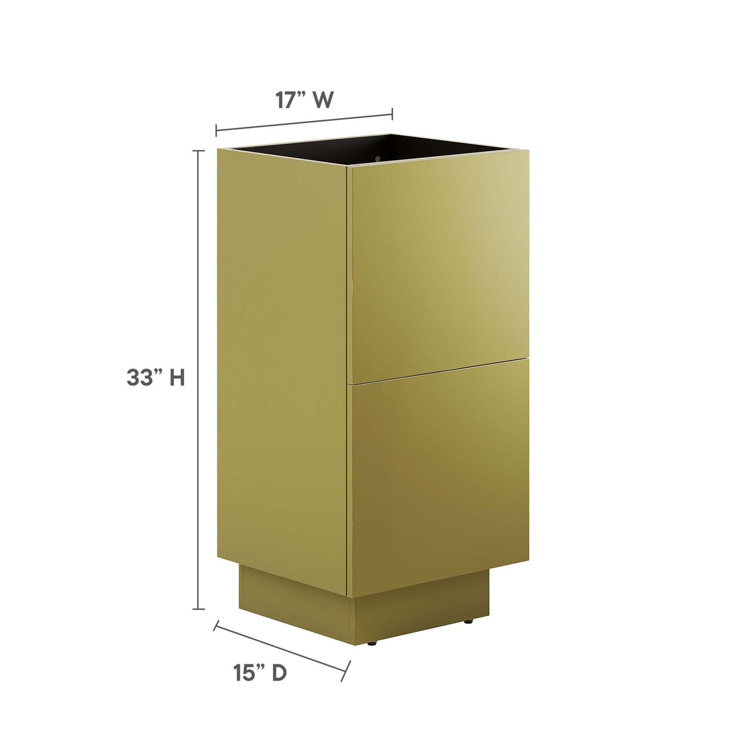 Gold metallic bathroom vanity cabinet with two stacked doors, tall 33 inches, 17 inches wide, 15 inches deep, pedestal base.