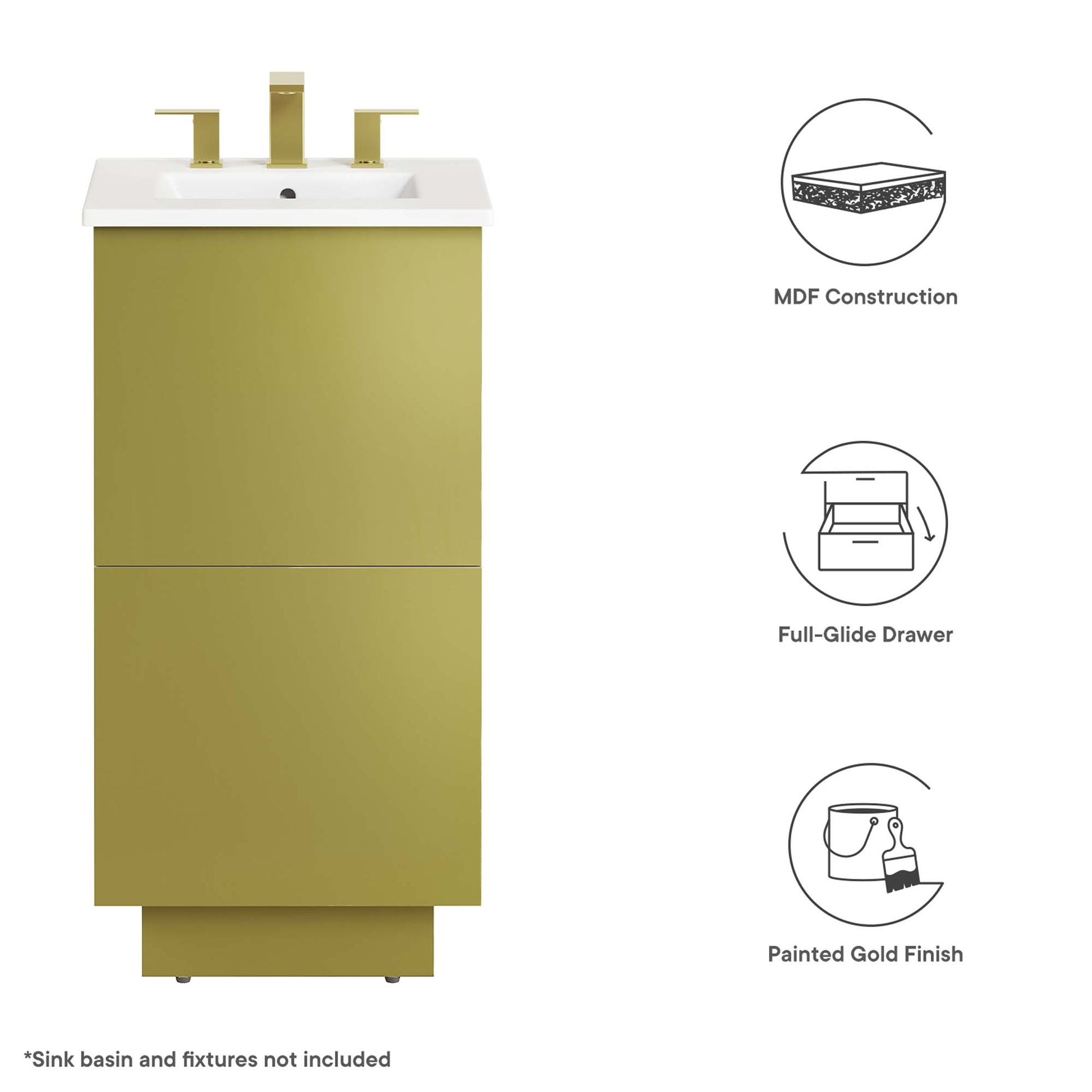 Gold-painted bathroom vanity cabinet with white countertop; sink not included. MDF construction, full-glide drawer.