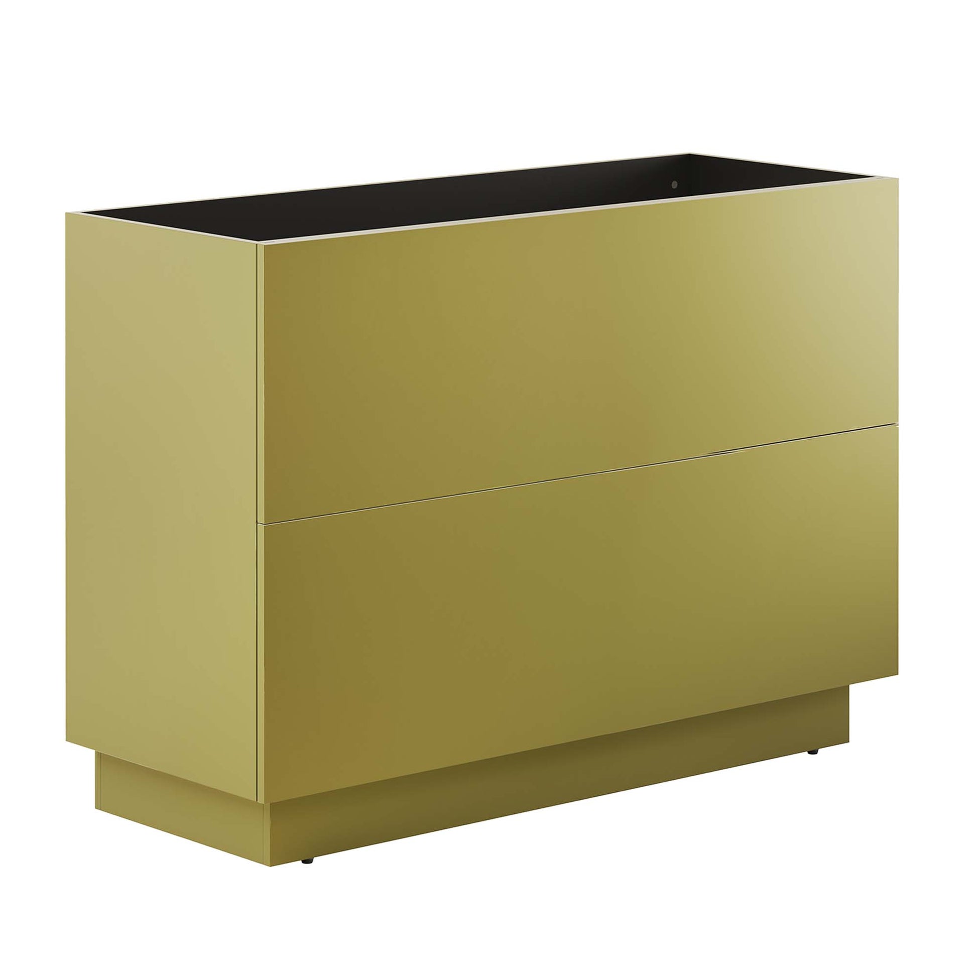 Gold-toned modern two-drawer bathroom vanity cabinet with a low plinth base and a black interior edge.