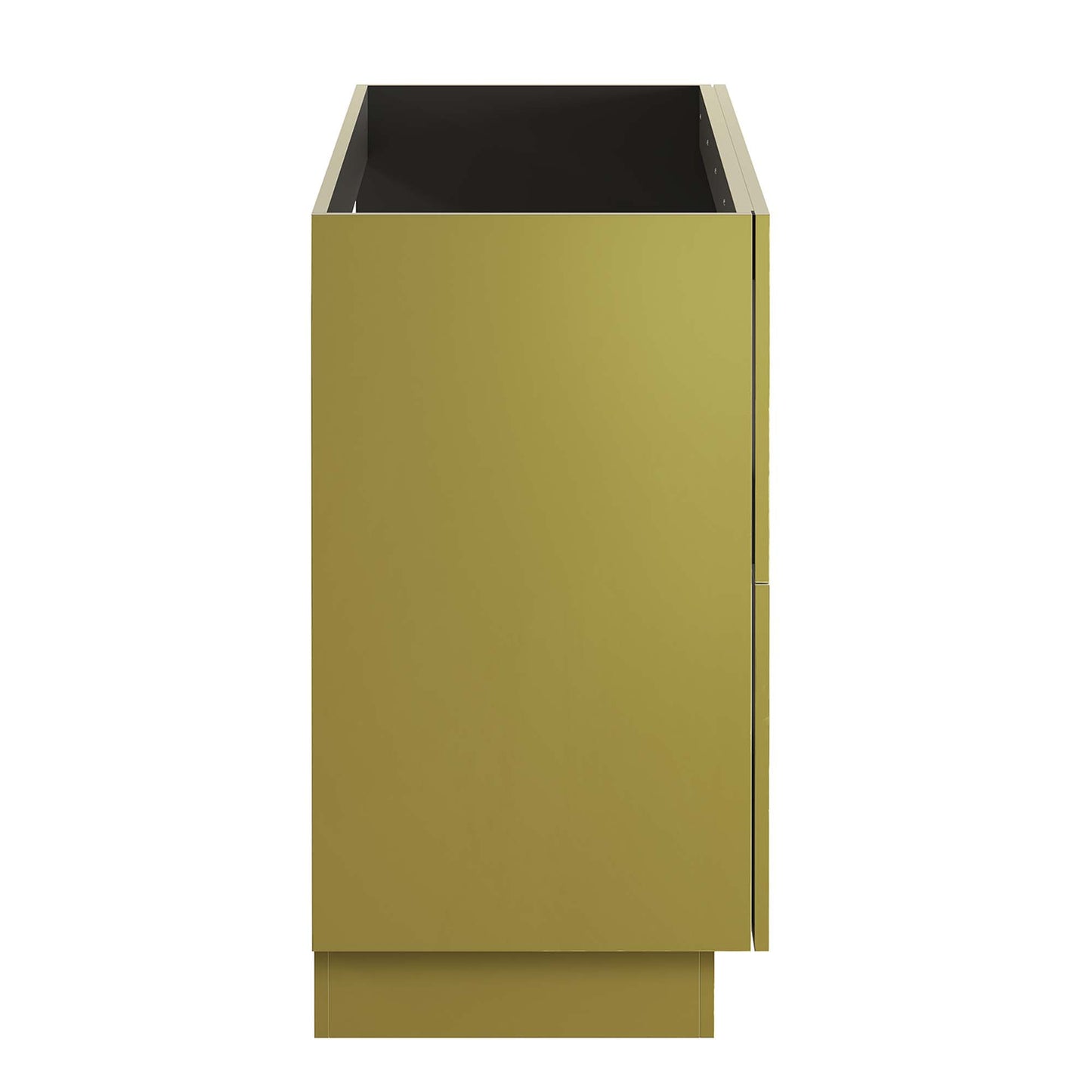 Gold-tone metal bathroom vanity cabinet, 48" wide, tall rectangular modern design; sink basin not included.