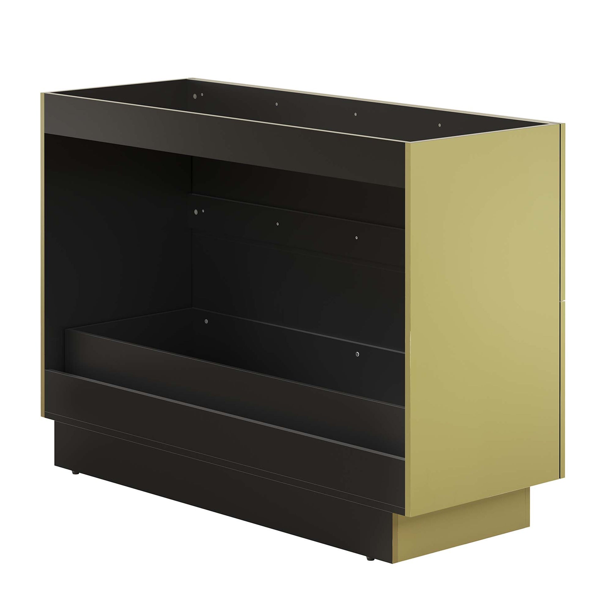 Gold side panels with a black interior, rectangular bathroom vanity cabinet with two open shelves and a bottom base.