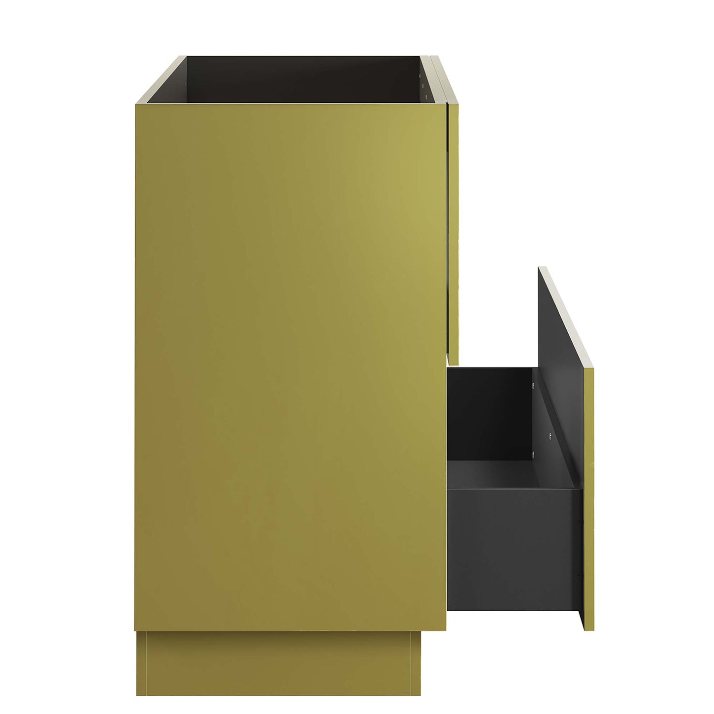 Tall olive-gold bathroom vanity cabinet with open top and a side black pull-out drawer; modern minimalist storage unit.