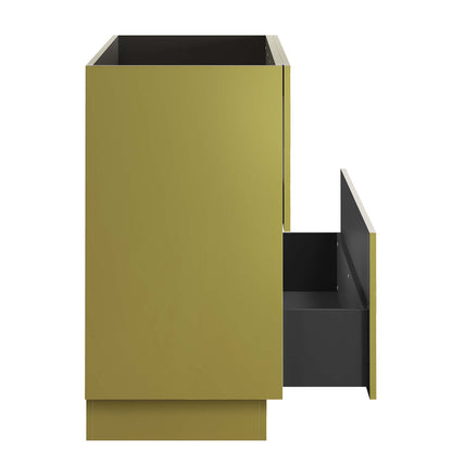 Tall olive-gold bathroom vanity cabinet with open top and a side black pull-out drawer; modern minimalist storage unit.