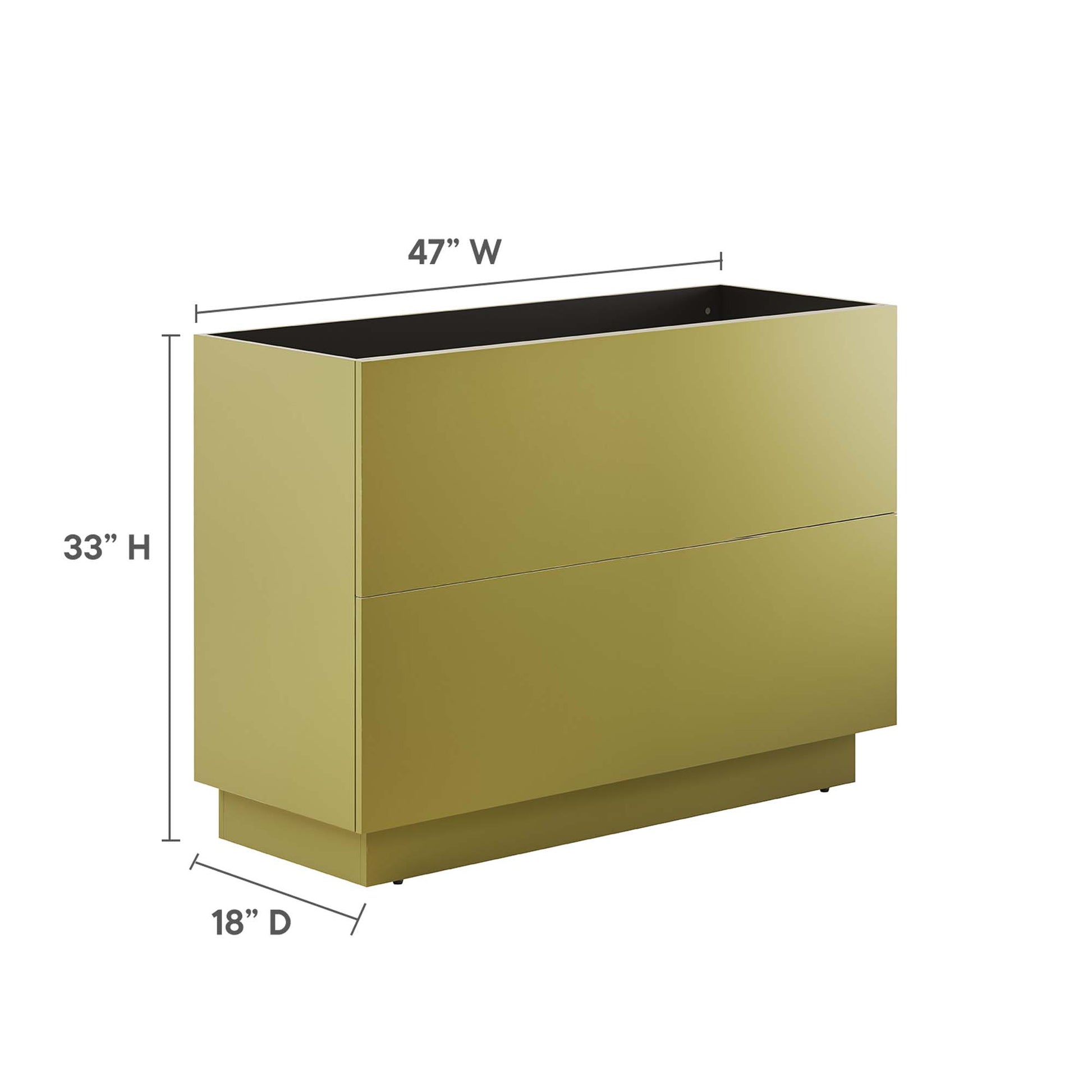 Gold metallic bathroom vanity cabinet, 47" W x 33" H x 18" D, rectangular vanity with plinth base; sink basin not included.