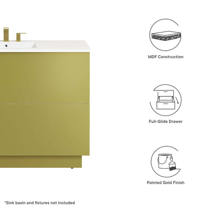 Gold-painted bathroom vanity cabinet with white countertop; two flat-front drawers; MDF cabinet with full-glide drawers; sink not included.