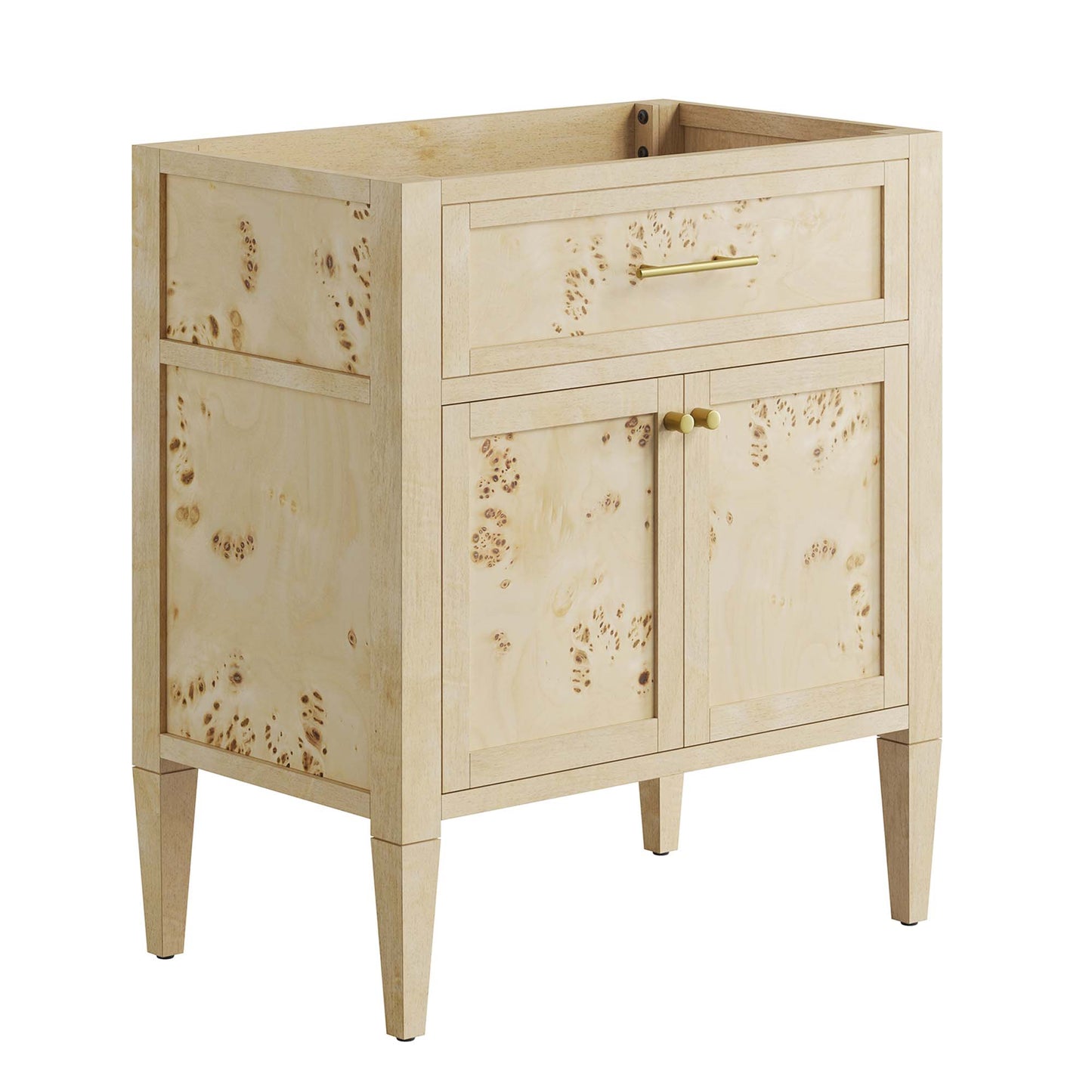 Red burl wood bathroom vanity cabinet with top drawer, two-door storage, brass knobs, tapered legs.