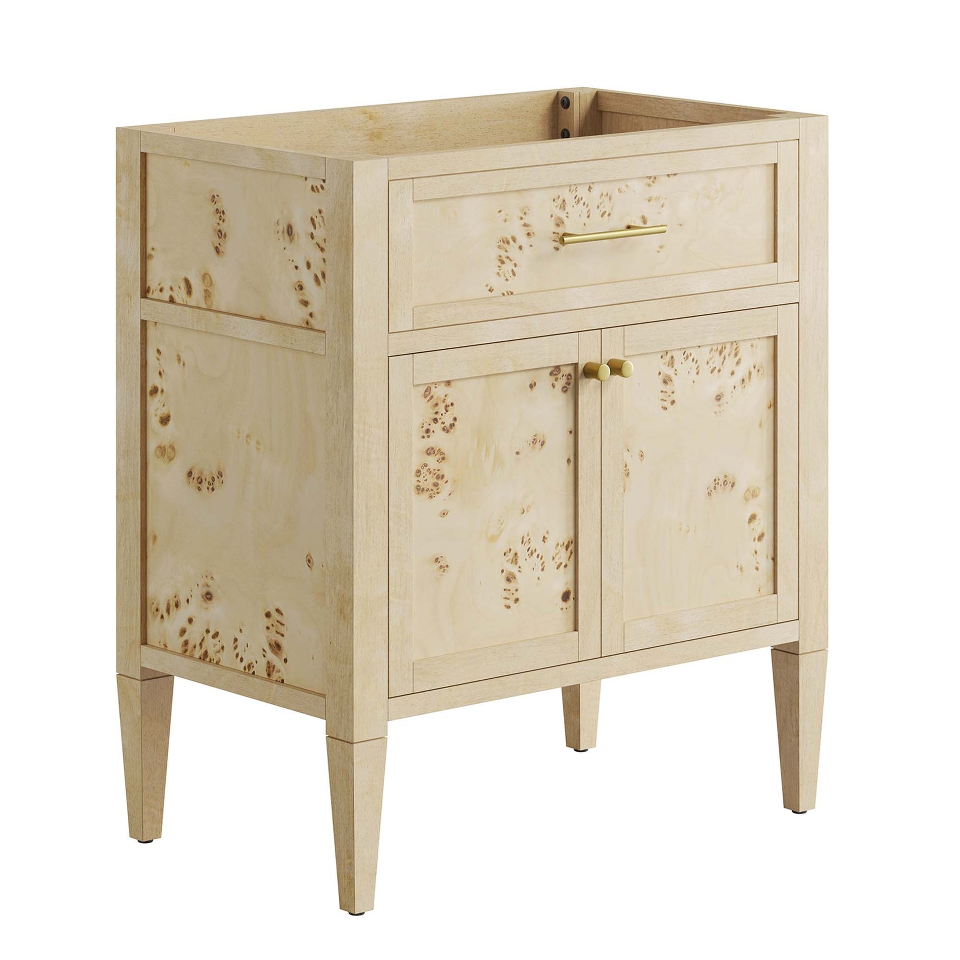 Red burl wood bathroom vanity cabinet with top drawer, two-door storage, brass knobs, tapered legs.
