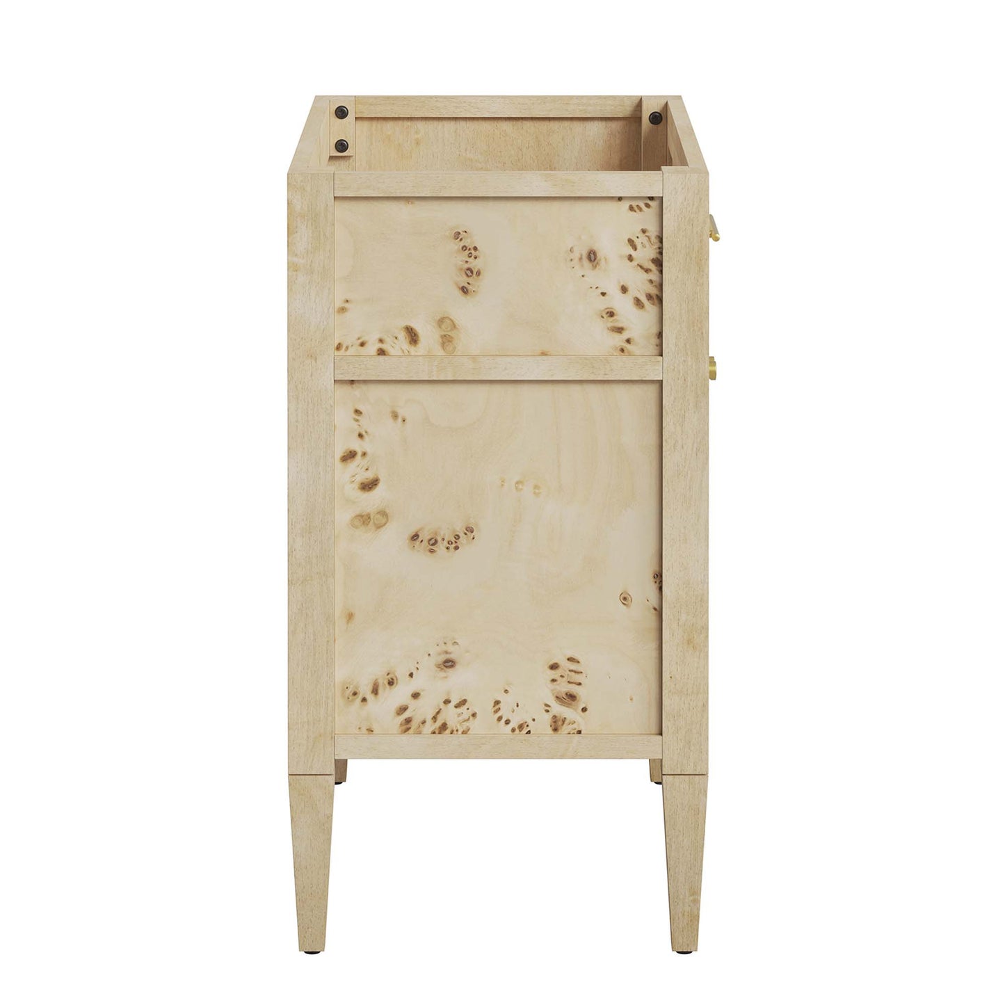 Red 30" bathroom vanity cabinet with an upper open shelf and a burl veneer door on tapered legs.
