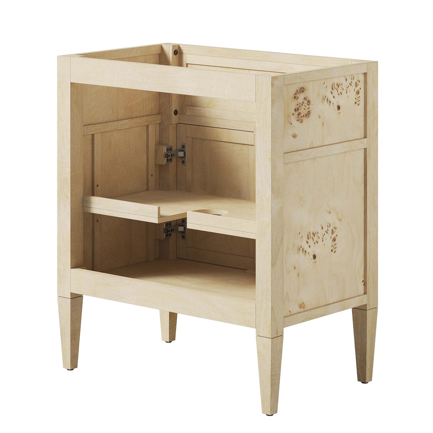 Natural wood burl-accent cabinet with tapered legs, open frame, pull-out middle shelf and lower storage.