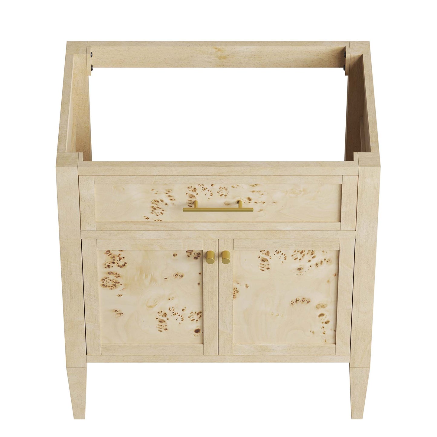 Red bathroom vanity cabinet with burl accents, open top frame, one shallow drawer with brass bar pull, two doors.