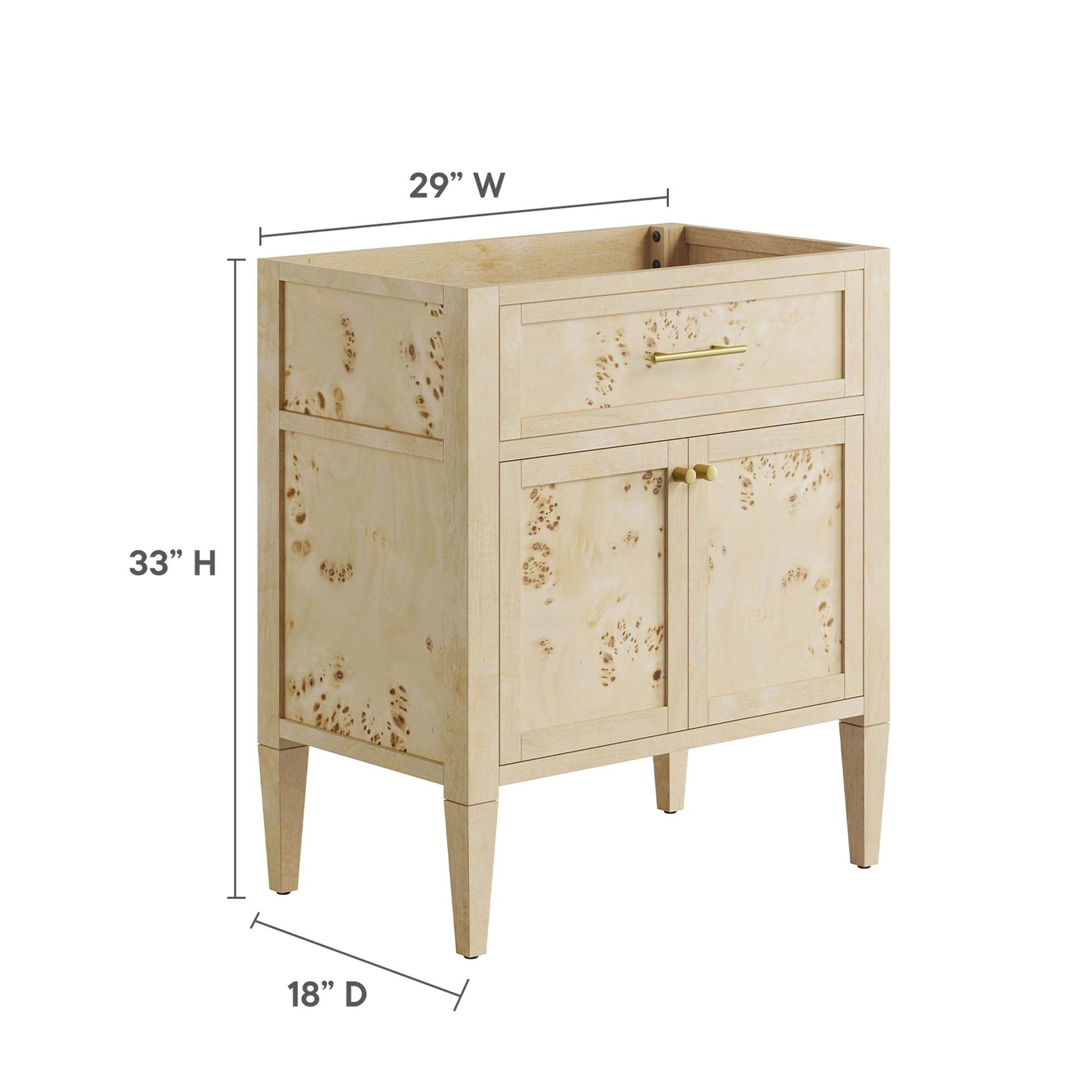 Red burl wood bathroom vanity cabinet with a top drawer and two doors, gold hardware, tapered legs, 29W x 33H x 18D.