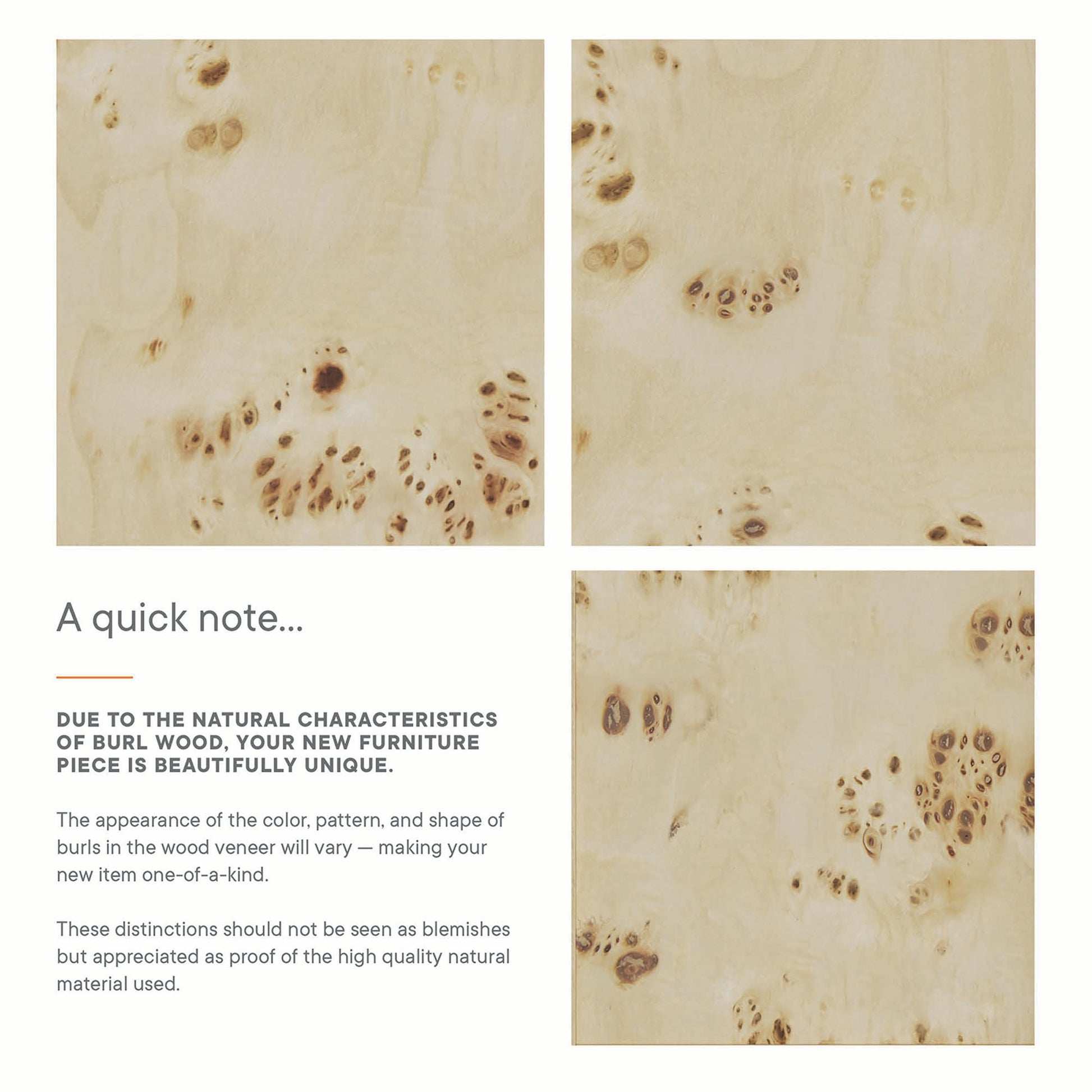Set of four burl wood veneer panels in pale beige with brown grain and knot patterns.