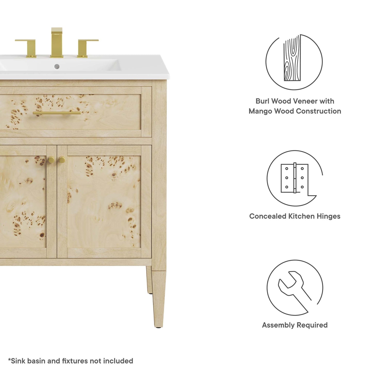 Burl wood veneer vanity cabinet on mango wood with white countertop, brass hardware, 1 drawer and 2 doors, concealed hinges