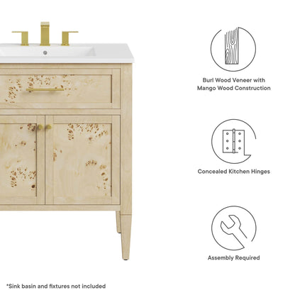 Burl wood veneer vanity cabinet on mango wood with white countertop, brass hardware, 1 drawer and 2 doors, concealed hinges