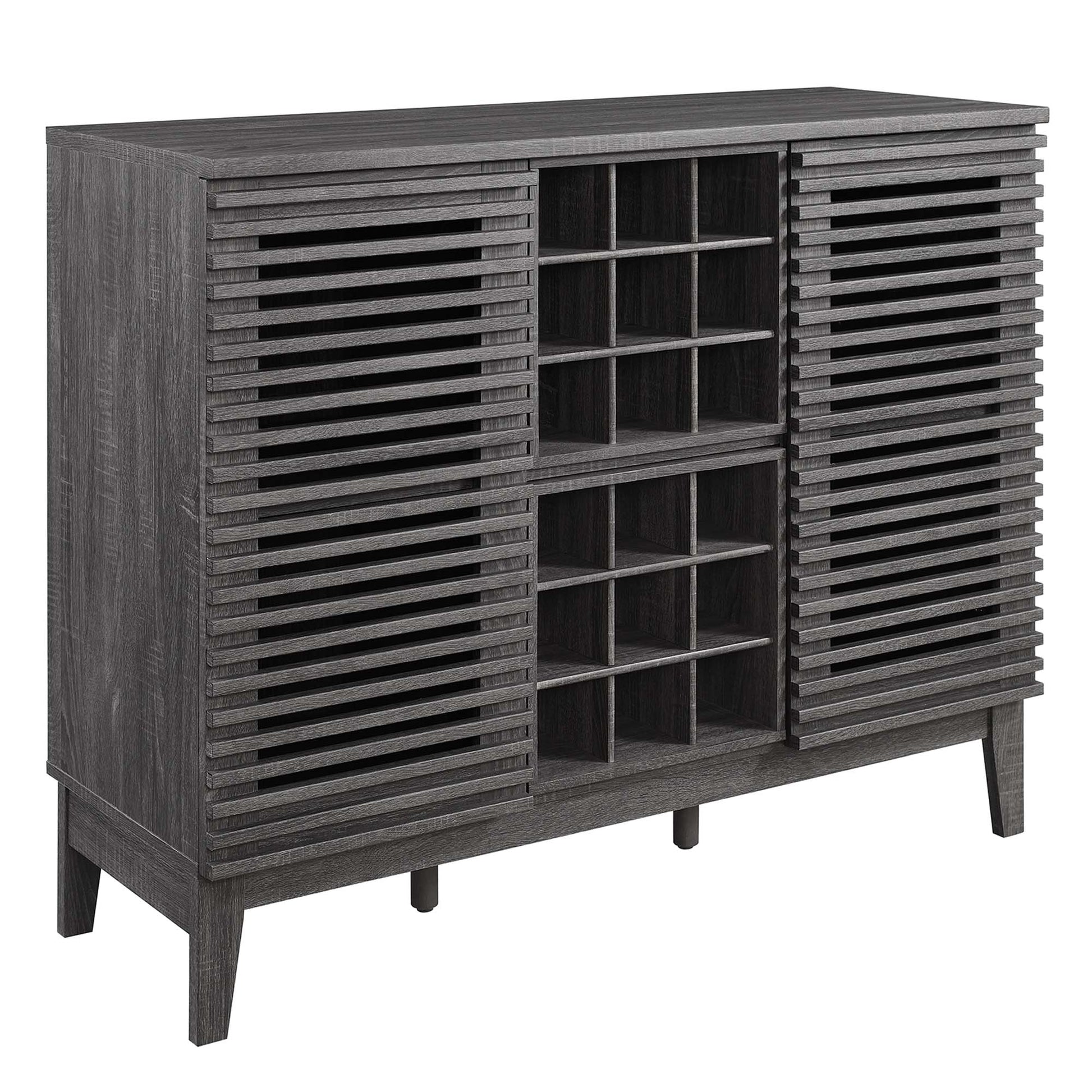 Dark charcoal bar cabinet with slatted louver doors on the ends and a center grid wine rack compartments.