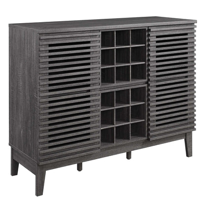 Dark charcoal bar cabinet with slatted louver doors on the ends and a center grid wine rack compartments.