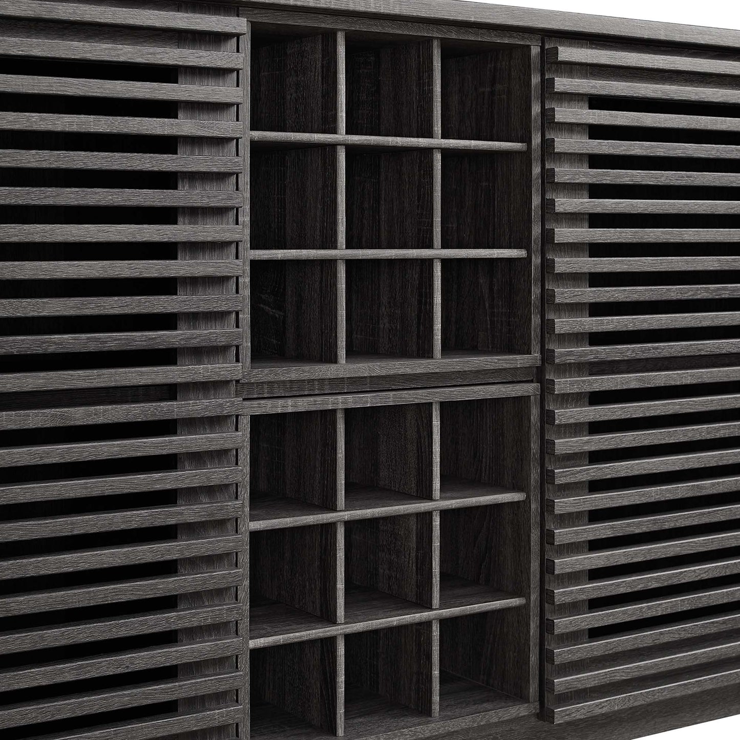 Dark espresso wood bar cabinet with central grid cubbies and slatted side panels.