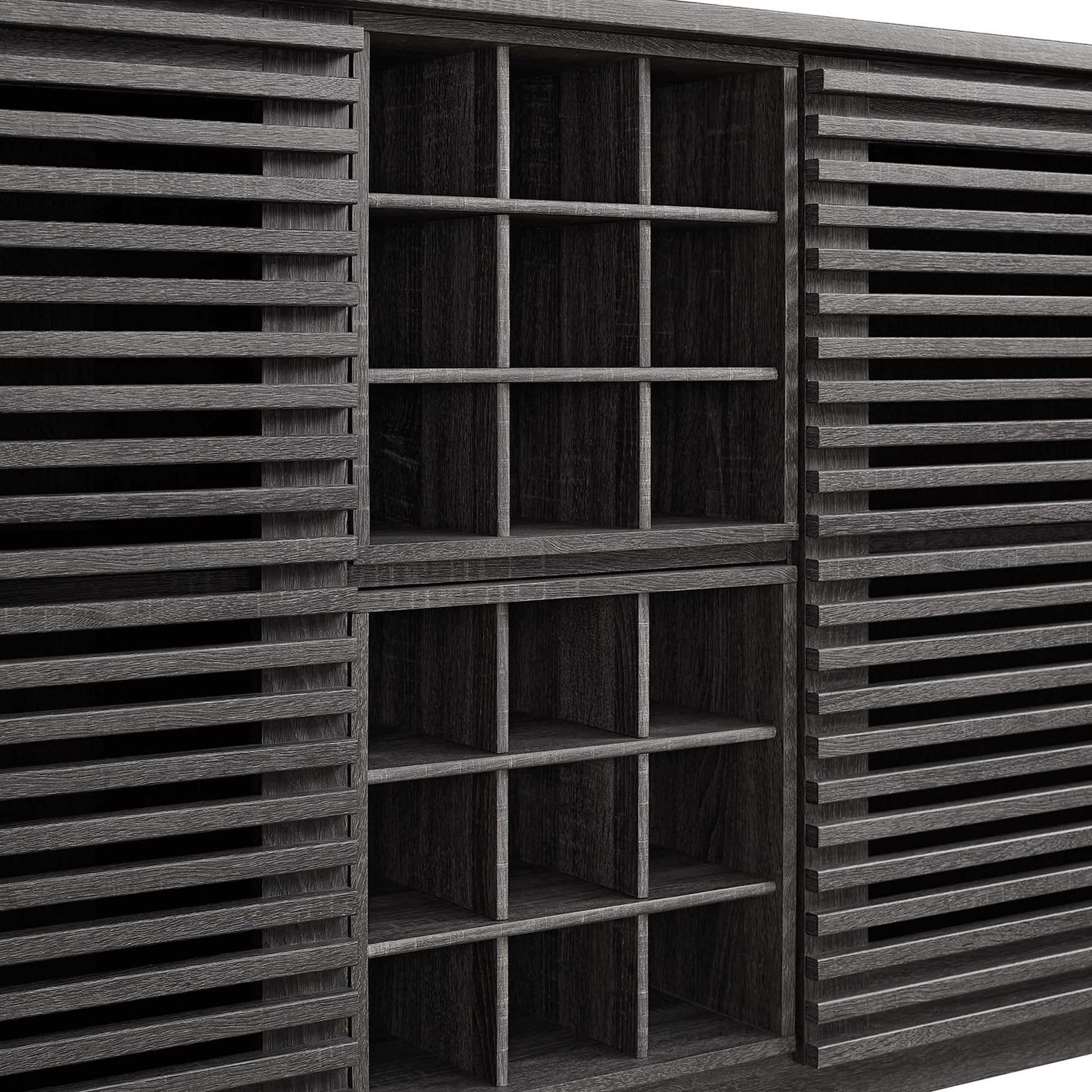 Dark espresso wood bar cabinet with central grid cubbies and slatted side panels.