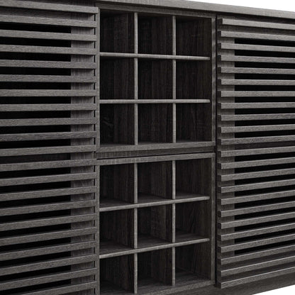 Dark espresso wood bar cabinet with central grid cubbies and slatted side panels.