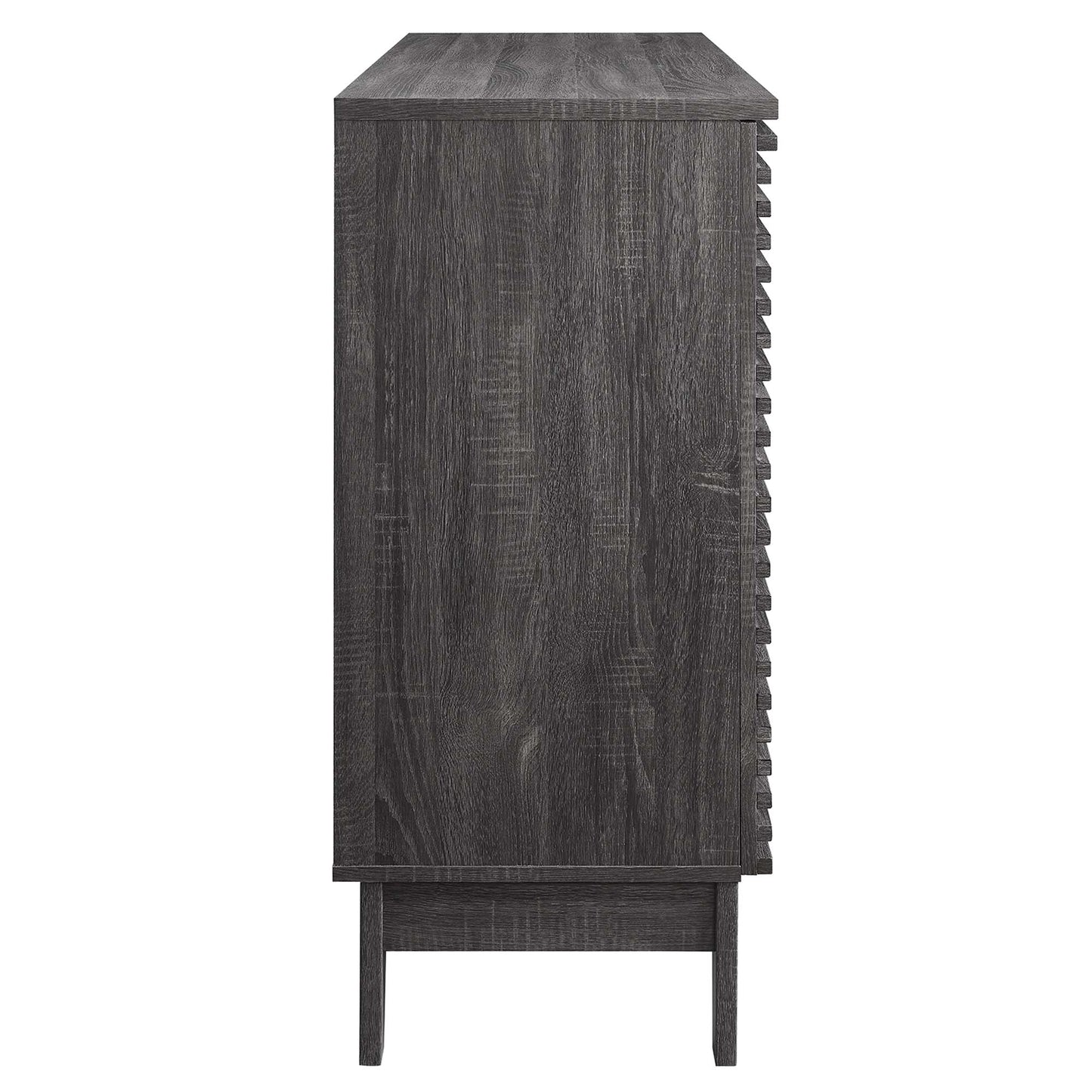 Charcoal-stained wood tall cabinet with tapered legs and built-in side rack; mid-century modern storage.