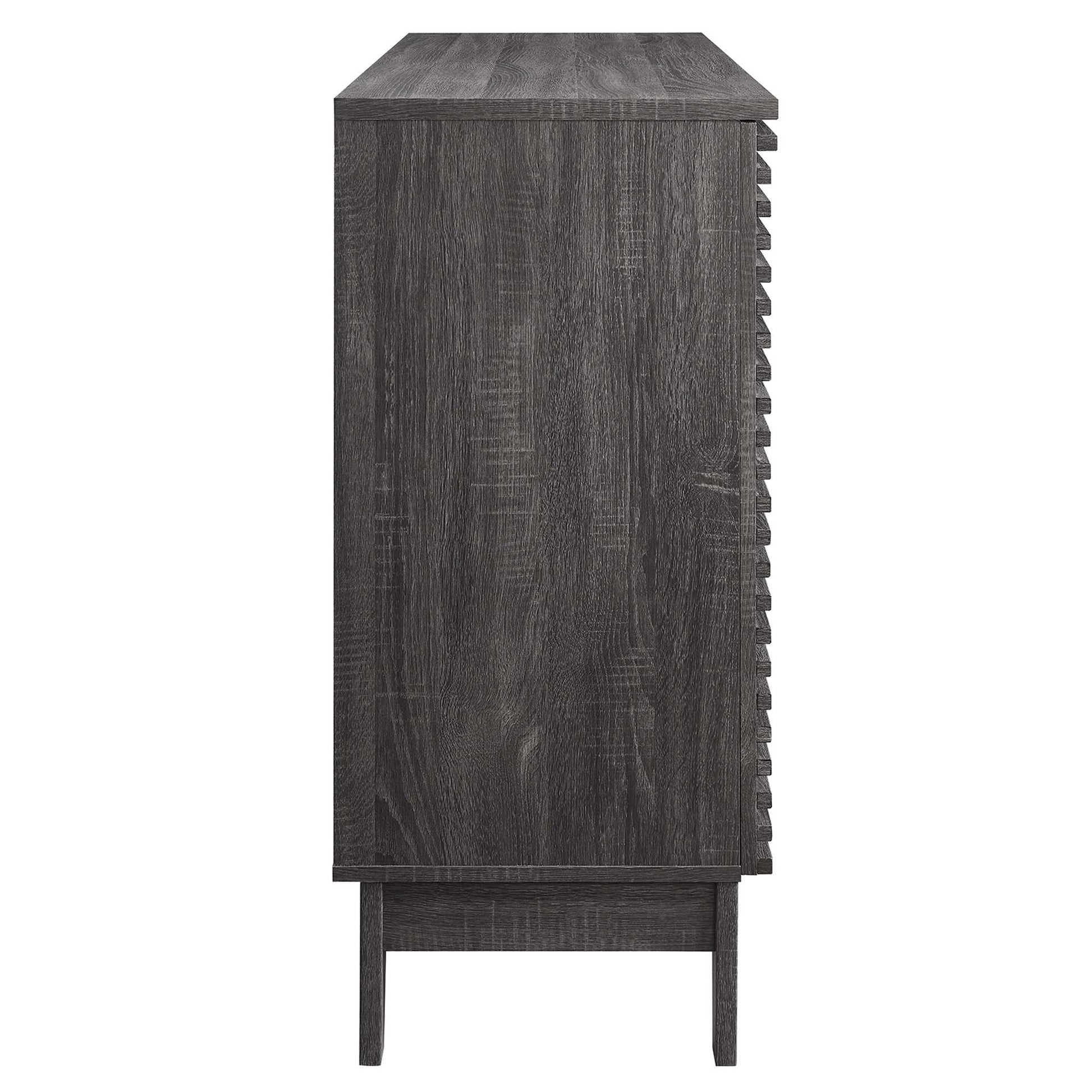 Charcoal-stained wood tall cabinet with tapered legs and built-in side rack; mid-century modern storage.