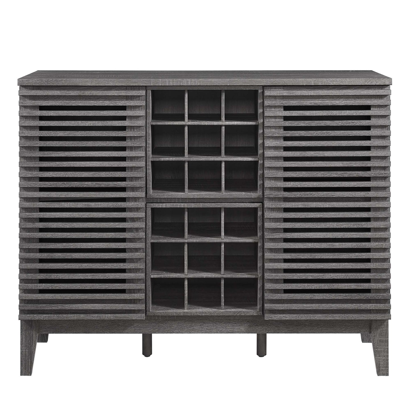 Brown bar cabinet with slatted side panels, a central grid wine storage, and raised legs.
