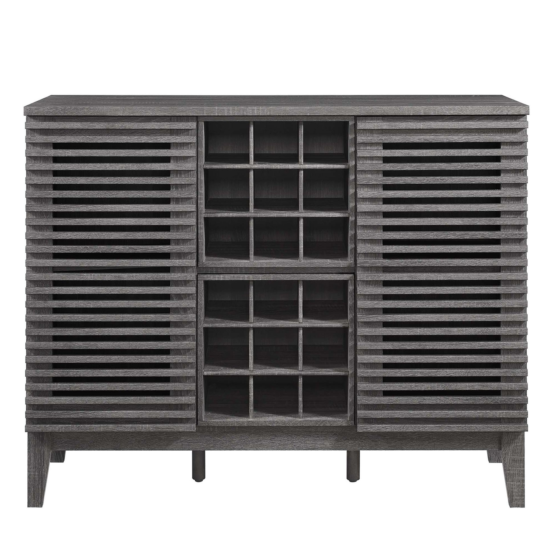 Brown bar cabinet with slatted side panels, a central grid wine storage, and raised legs.