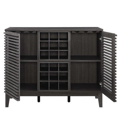 Dark charcoal wood bar cabinet with slatted doors and central wine rack grid, shelves.