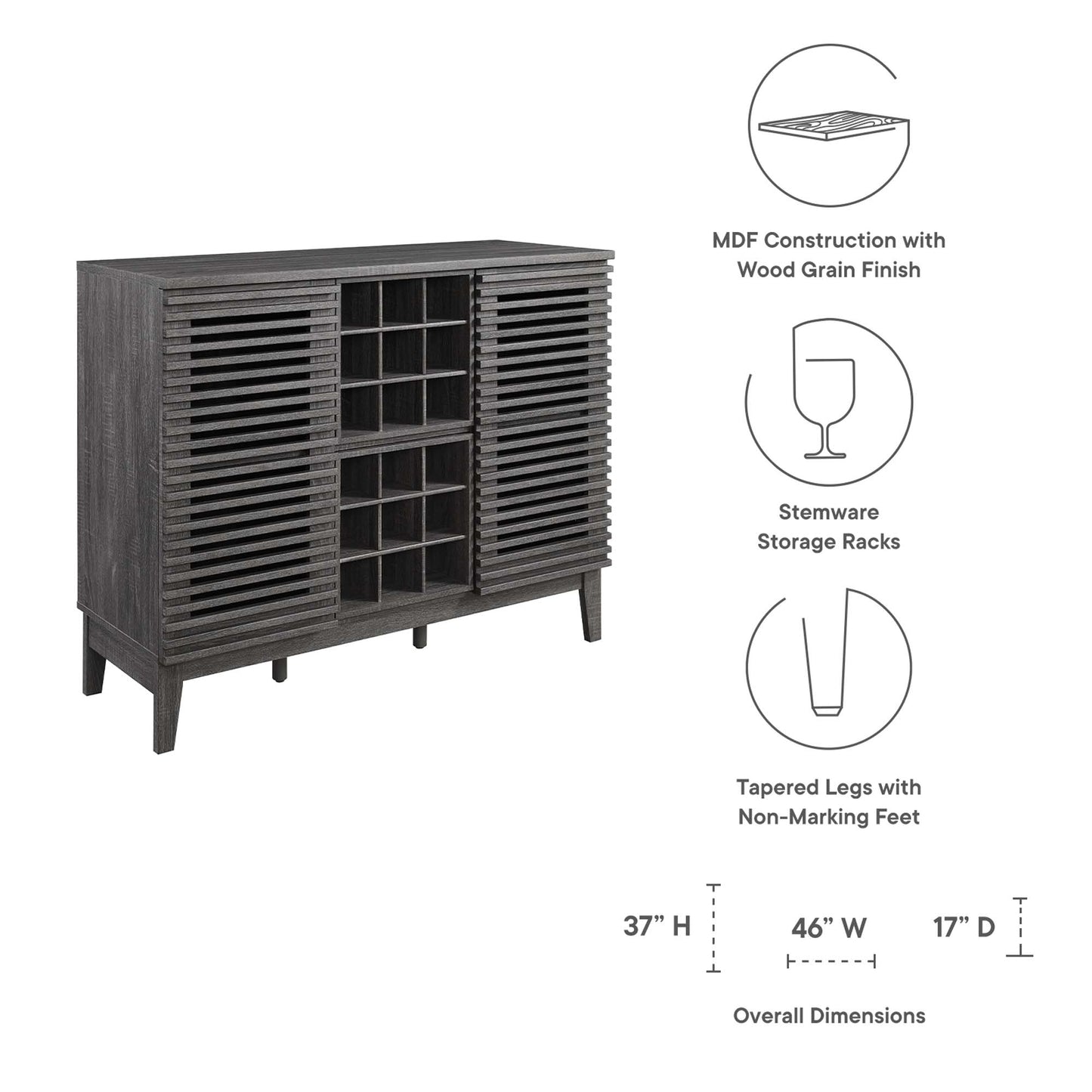 Brown MDF bar cabinet with a wood-grain finish, slatted doors, wine and stemware storage, and tapered legs.
