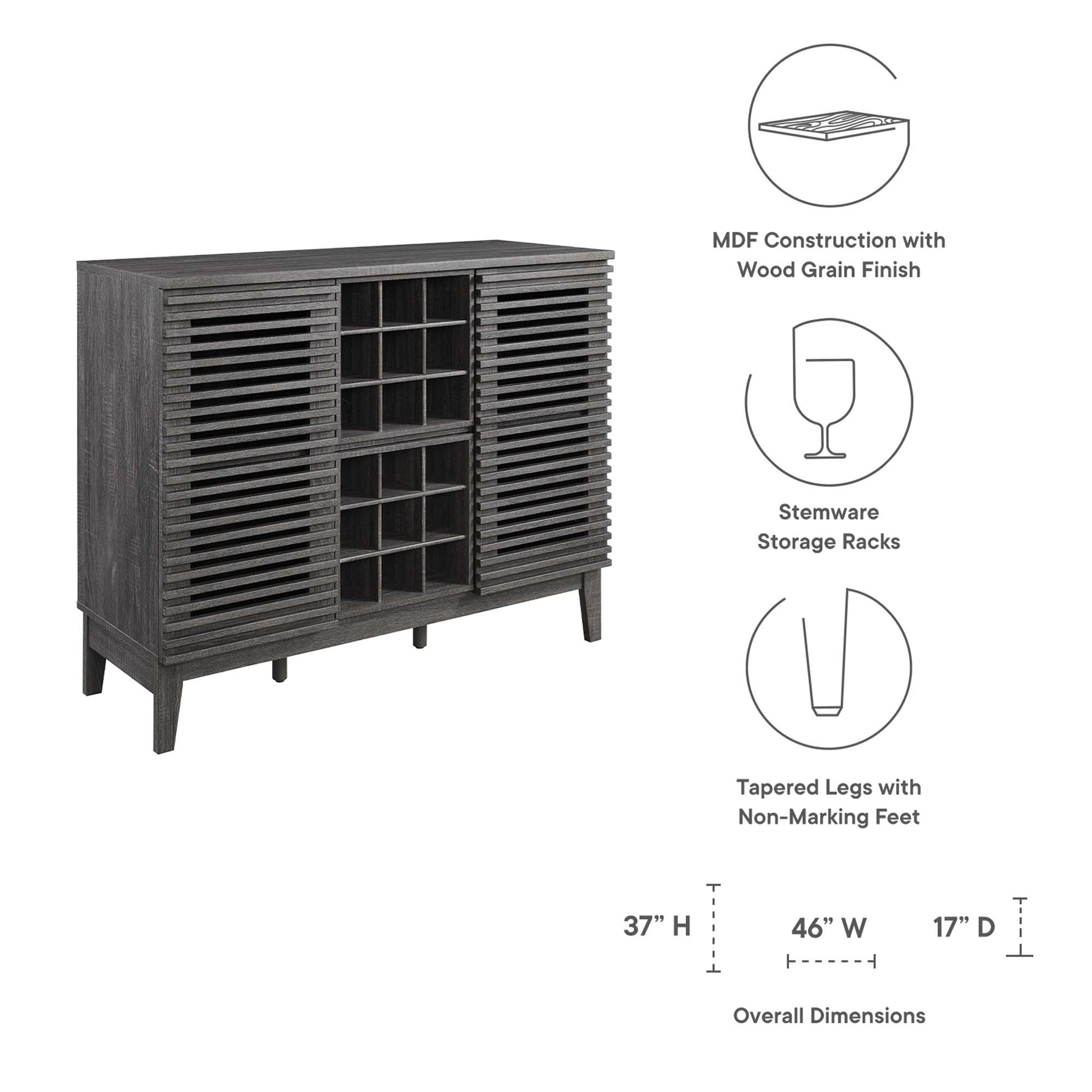 Brown MDF bar cabinet with a wood-grain finish, slatted doors, wine and stemware storage, and tapered legs.
