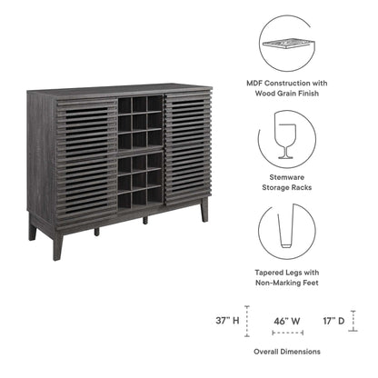 Brown MDF bar cabinet with a wood-grain finish, slatted doors, wine and stemware storage, and tapered legs.
