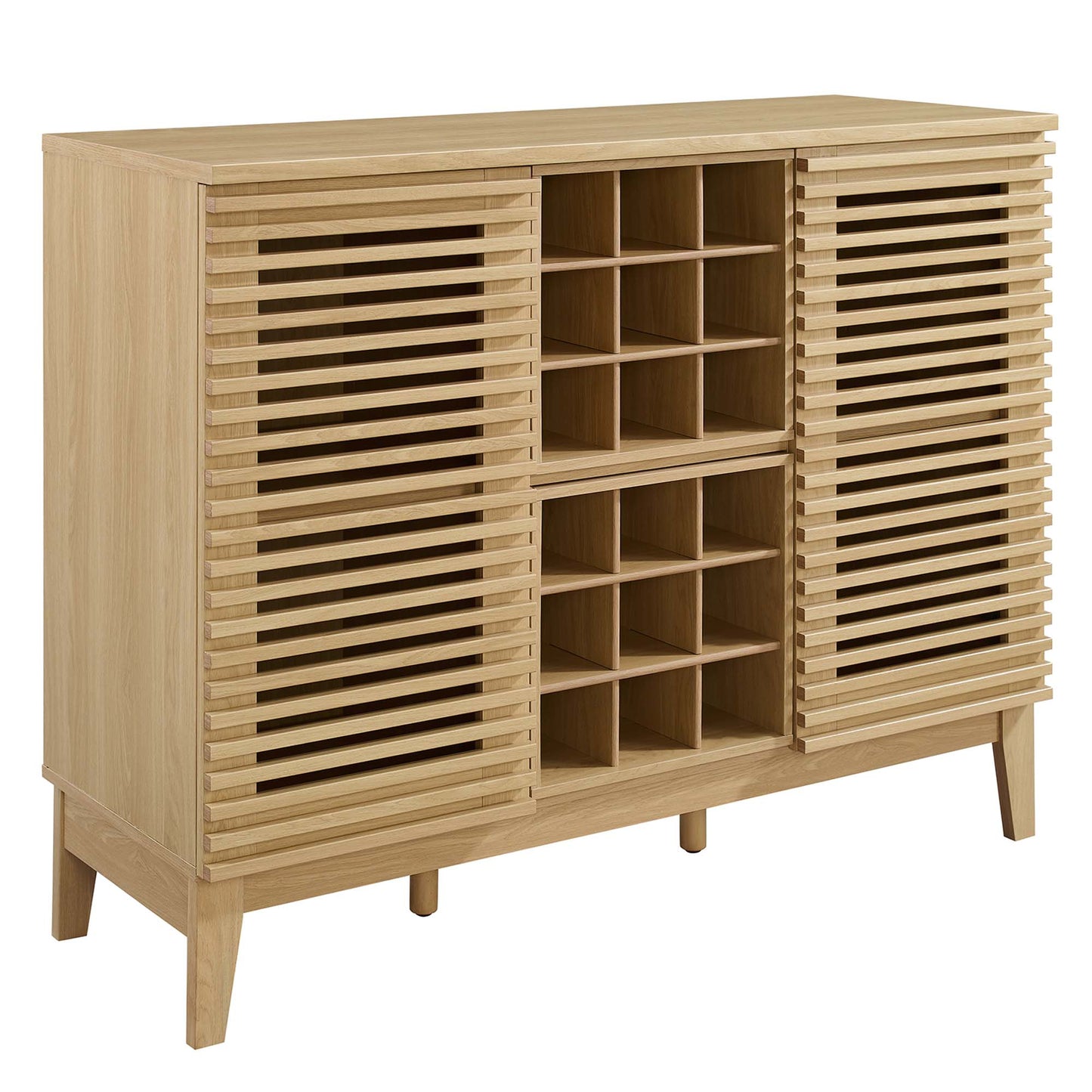 Oak wood bar cabinet with slatted doors on left and right and double grid wine racks in the center; raised legs.