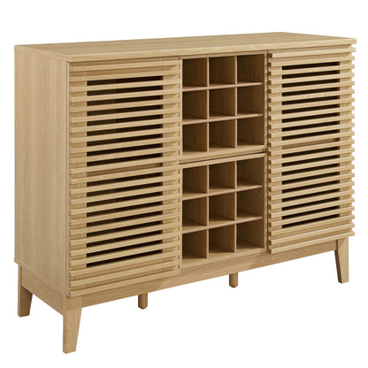 Oak wood bar cabinet with slatted doors on left and right and double grid wine racks in the center; raised legs.