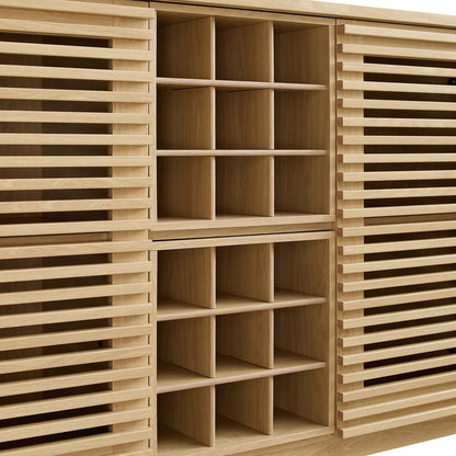 Brown oak bar cabinet with slatted side panels and two grid-style central cubby racks.