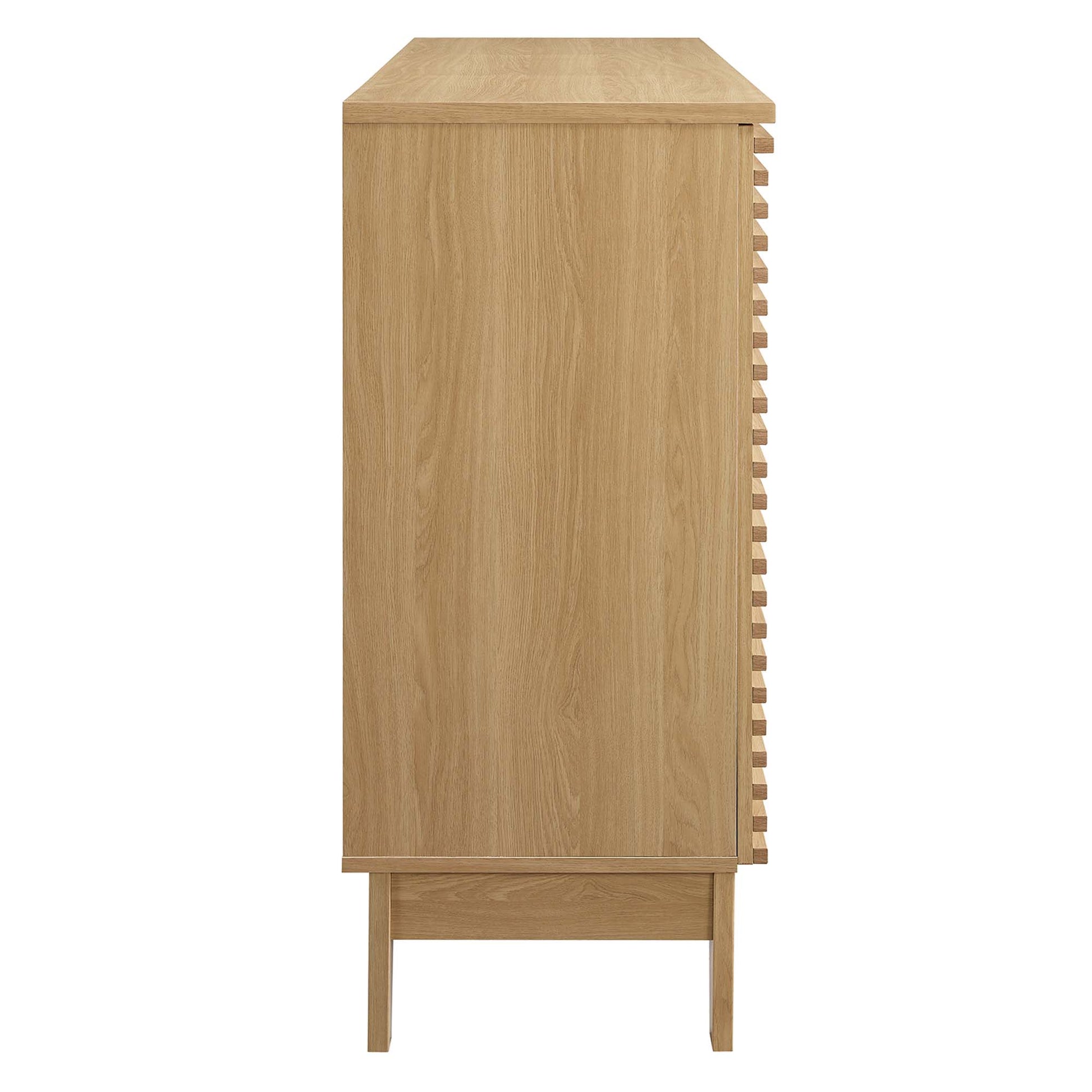 Tall oak wood cabinet with right-side slatted wine rack, single door, raised on slender legs, warm natural finish.