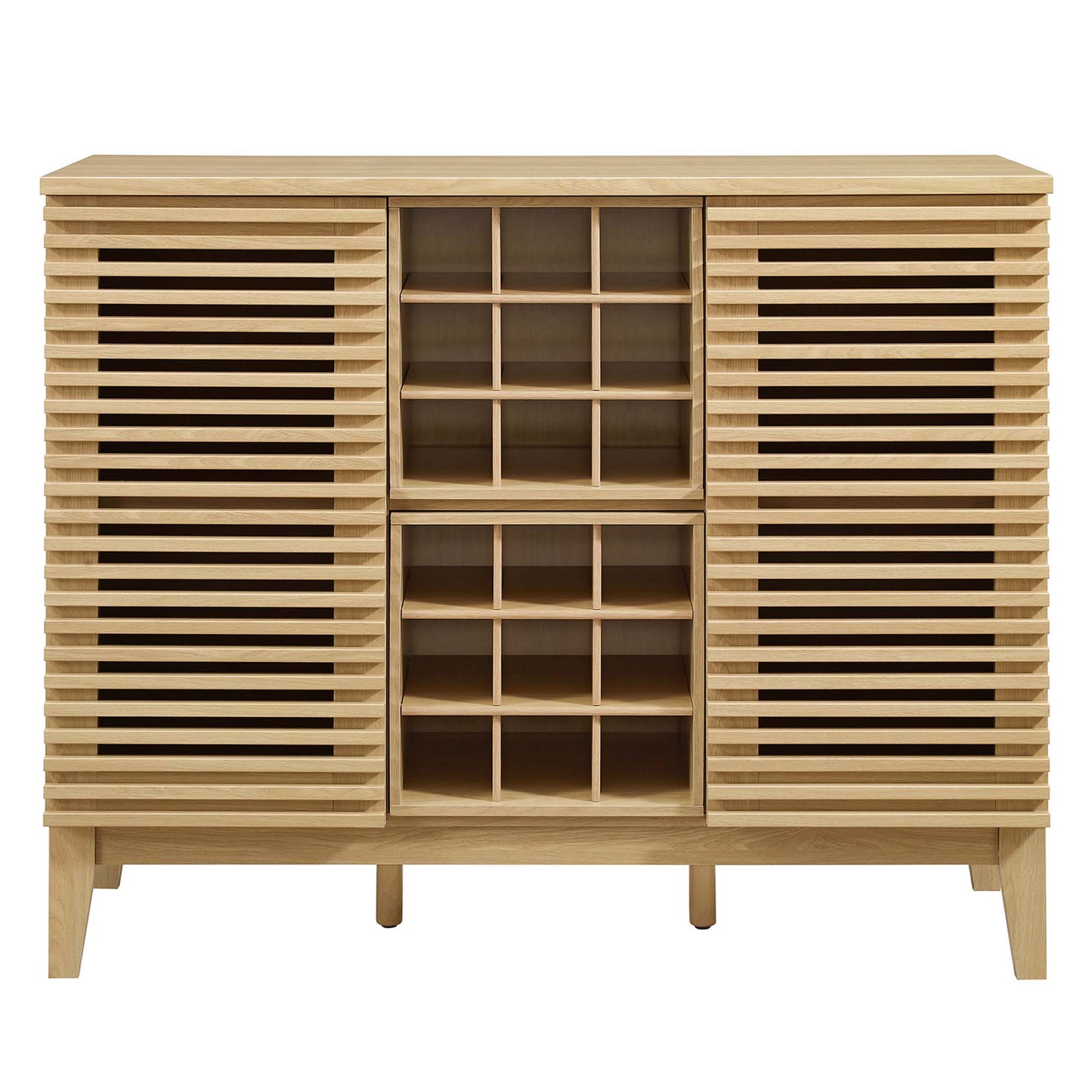 Oak wood bar cabinet with slatted doors on both ends and a central grid-shelved cabinet for bottles or display.