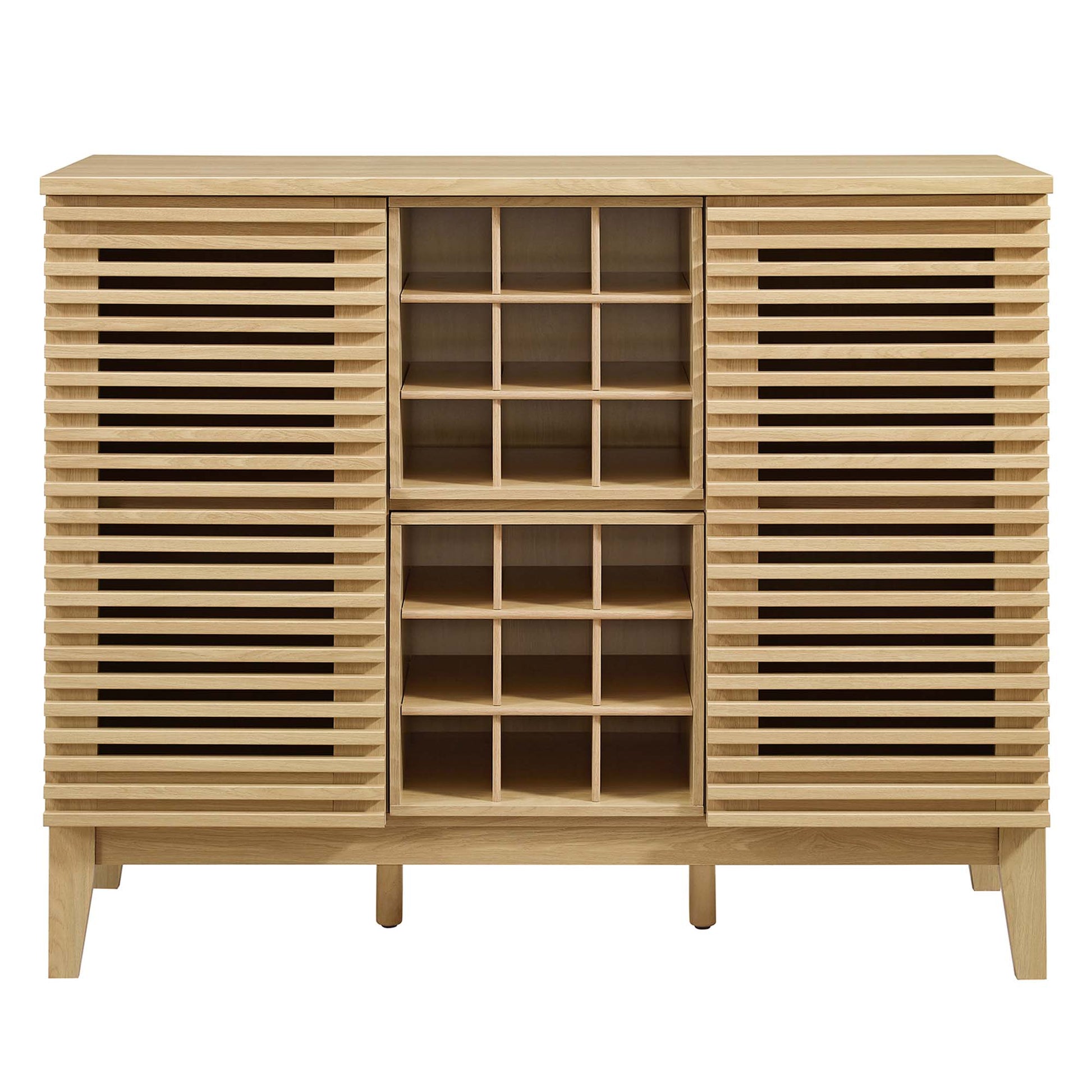Oak wood bar cabinet with slatted doors on both ends and a central grid-shelved cabinet for bottles or display.