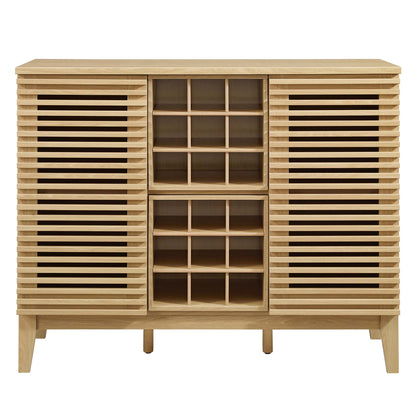 Oak wood bar cabinet with slatted doors on both ends and a central grid-shelved cabinet for bottles or display.