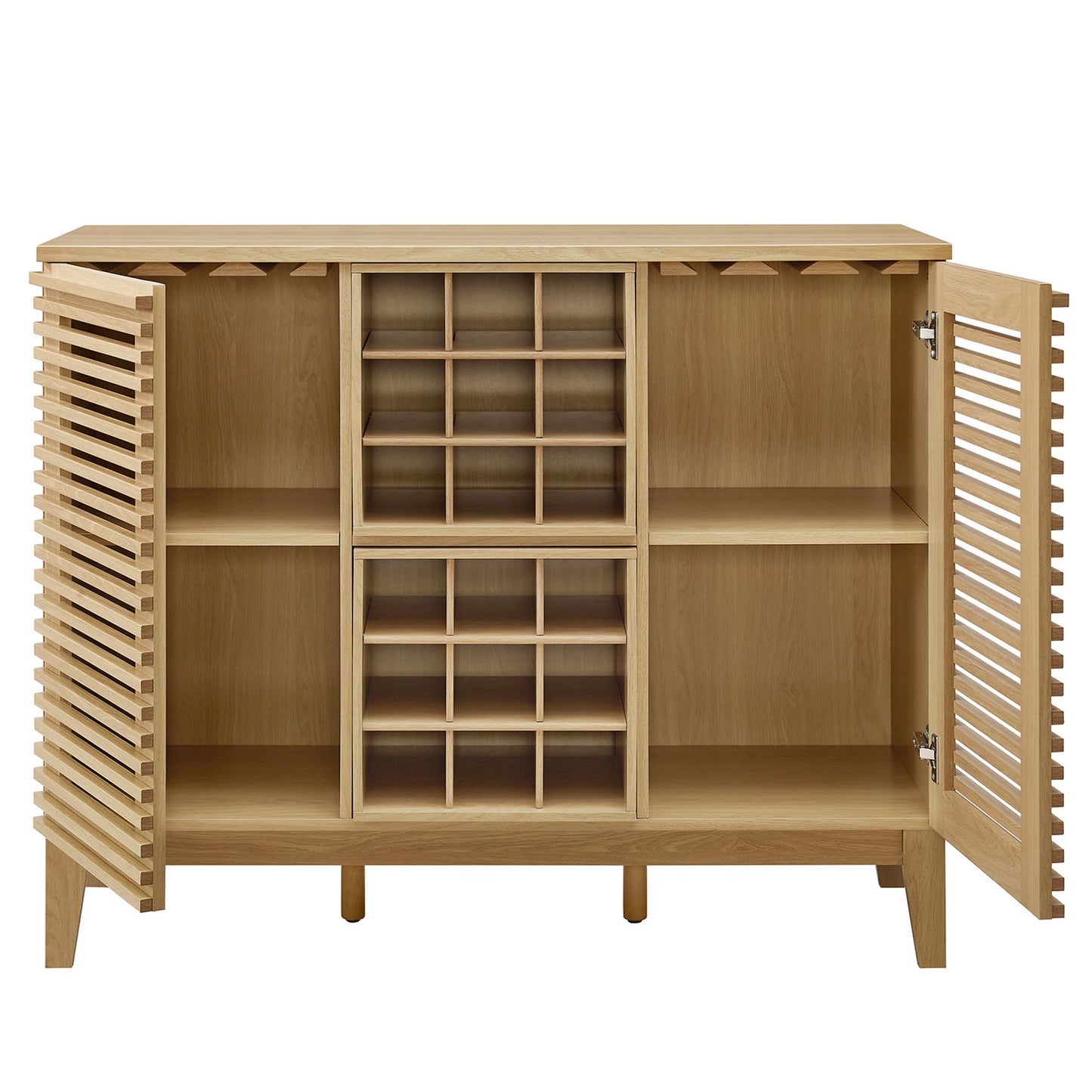 Oak finish bar cabinet with slatted doors, two side shelves, and two central wine-rack grids on raised legs.