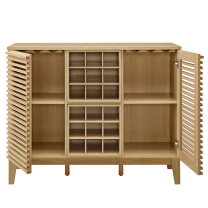 Oak finish bar cabinet with slatted doors, two side shelves, and two central wine-rack grids on raised legs.