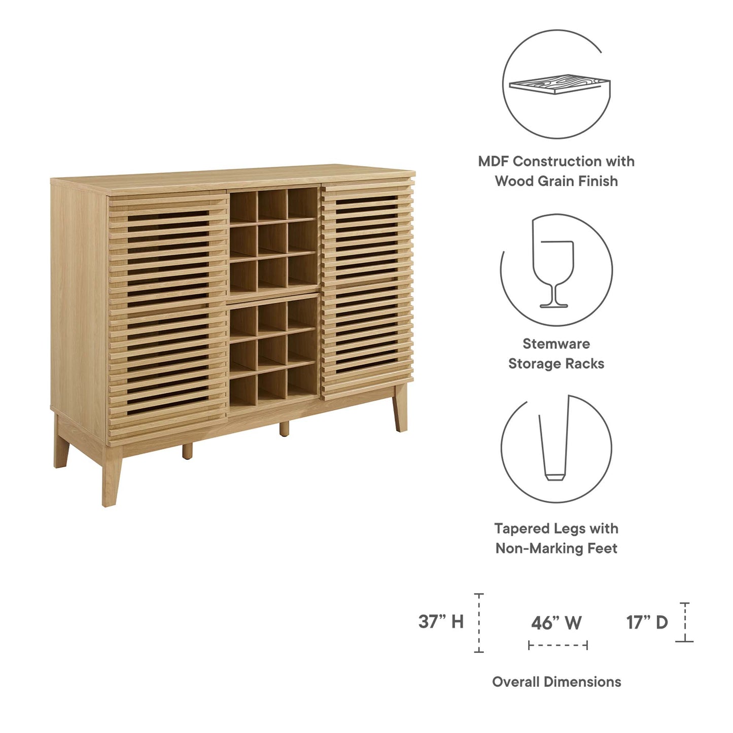 Oak-finish MDF bar cabinet with slatted doors, central wine-bottle cubbies, stemware storage, and tapered feet.