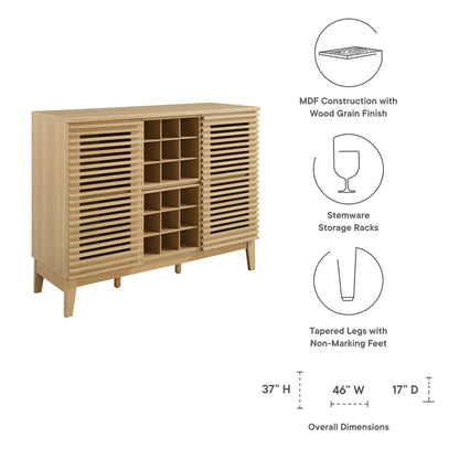 Oak-finish MDF bar cabinet with slatted doors, central wine-bottle cubbies, stemware storage, and tapered feet.